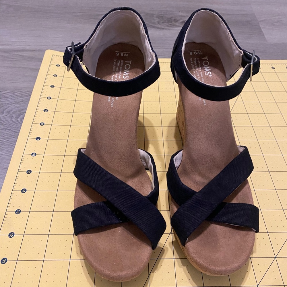 Toms Cork Wedge Black Sandals